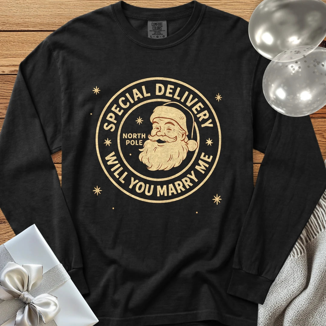 Special Delivery North Pole, Will You Marry Me? - Premium Christmas Proposal Long Sleeve T-Shirt - Black