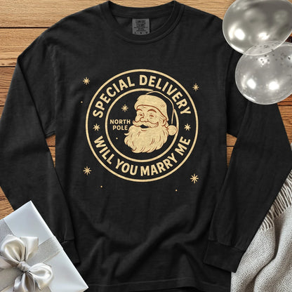 Special Delivery North Pole, Will You Marry Me? - Premium Christmas Proposal Long Sleeve T-Shirt - Black
