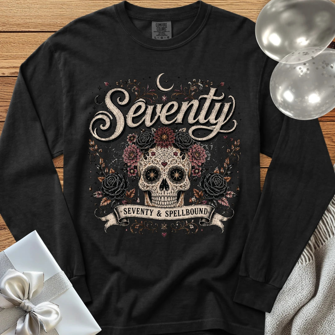 Seventy & Spellbound, Skull Edition - Premium Halloween 70th Birthday Long Sleeve T-Shirt - Black