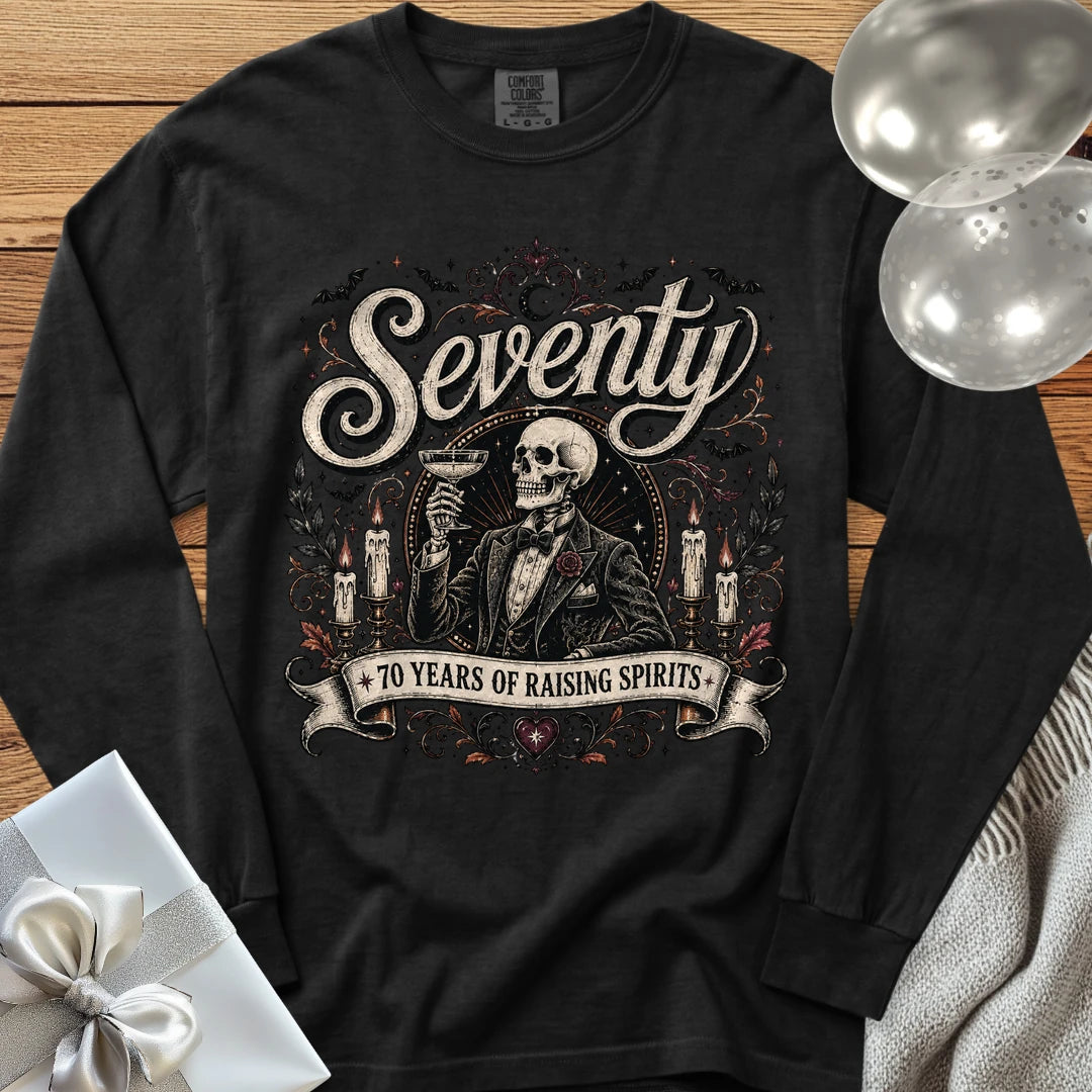 Seventy: 70 Years of Raising Spirits - Premium Halloween 70th Birthday Long Sleeve T-Shirt - Black