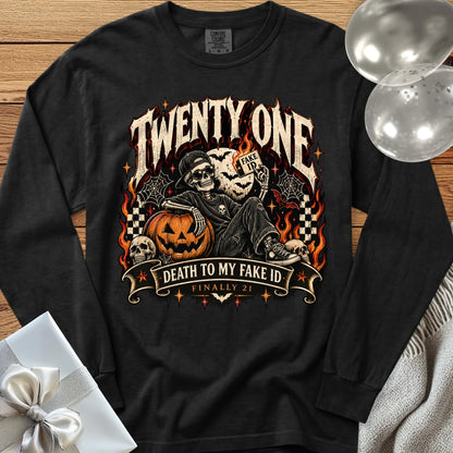 Twenty One: Death to My Fake ID - Premium Halloween 21st Birthday Long Sleeve T-Shirt - Black