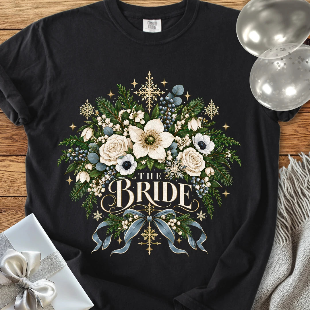 The Bride - Premium Winter Botanical Wedding T-Shirt - Black