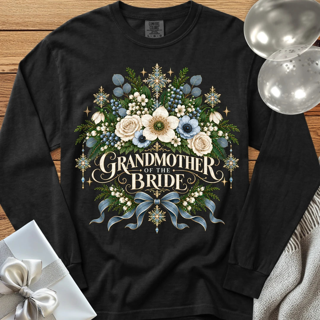 Grandmother of the Bride - Premium Winter Botanical Wedding Long Sleeve T-Shirt - Black
