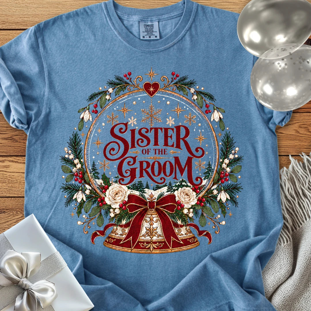Sister of the Groom - Premium Snowglobe Wedding T-Shirt - Blue Jean