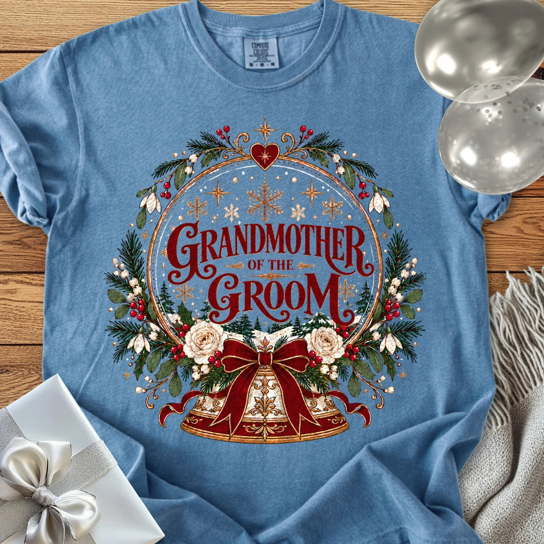 Grandmother of the Groom - Premium Snowglobe Wedding T-Shirt - Blue Jean