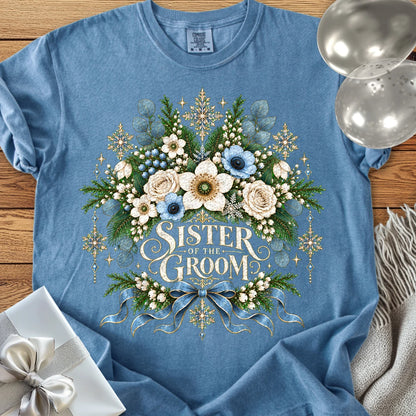 Sister of the Groom - Premium Winter Botanical Wedding T-Shirt - Blue Jean