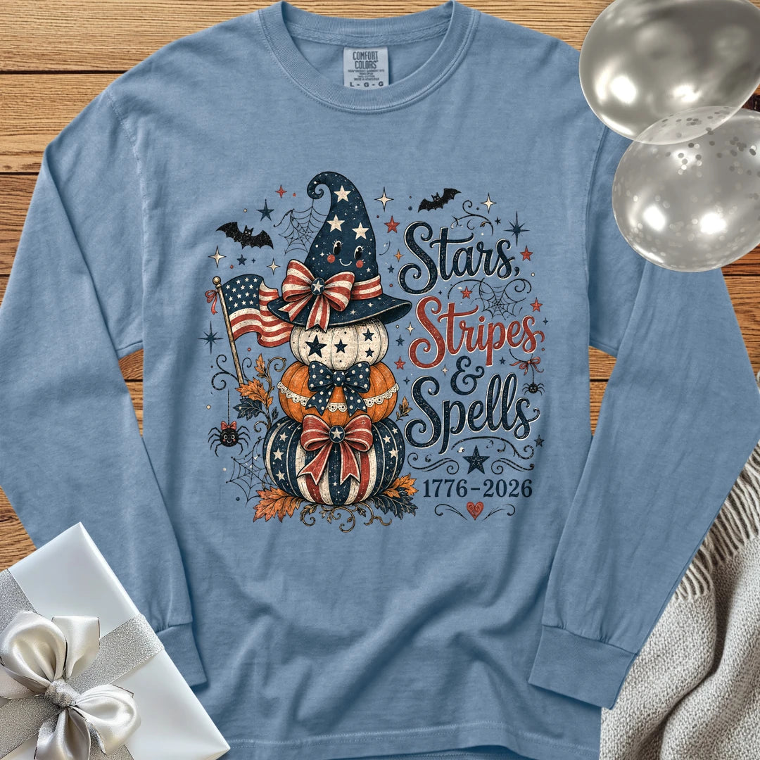 Stars, Stripes & Spells - Premium Halloween America 250 Long Sleeve T-Shirt - Blue Jean