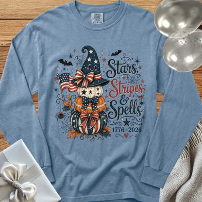 Stars, Stripes & Spells - Premium Halloween America 250 Long Sleeve T-Shirt - Blue Jean