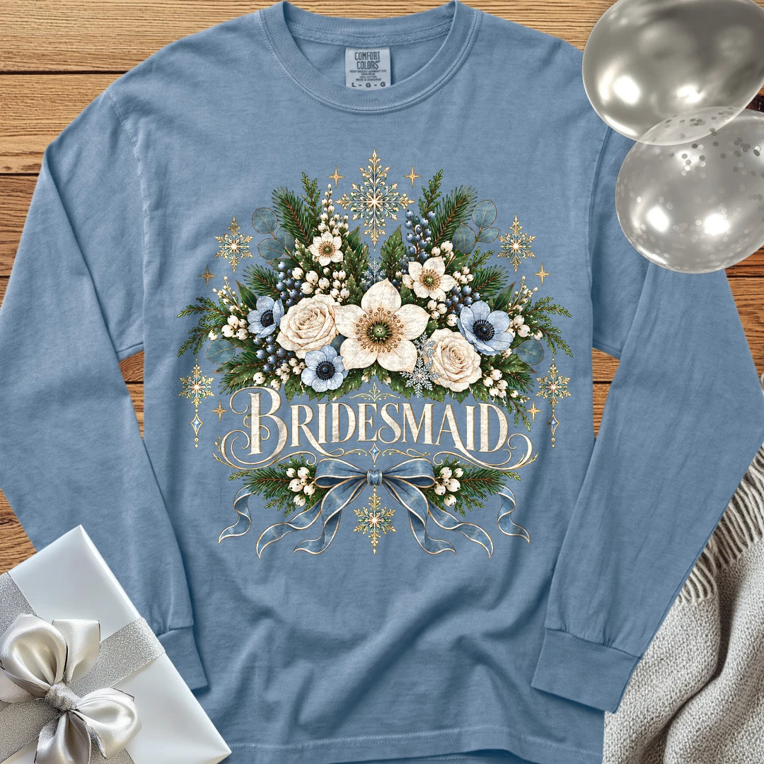Bridesmaid - Premium Winter Botanical Wedding Long Sleeve T-Shirt - Blue Jean