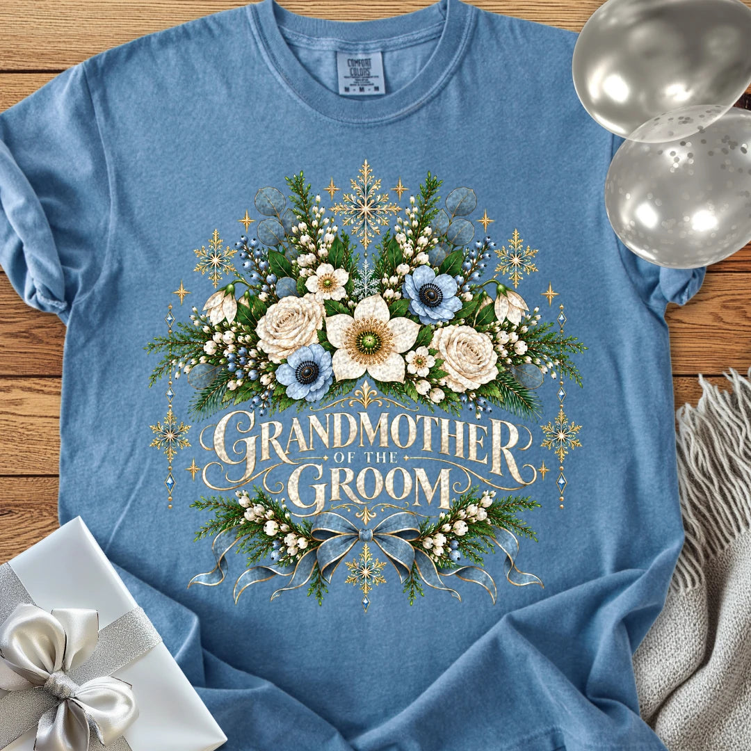 Grandmother of the Groom - Premium Winter Botanical Wedding T-Shirt - Blue Jean