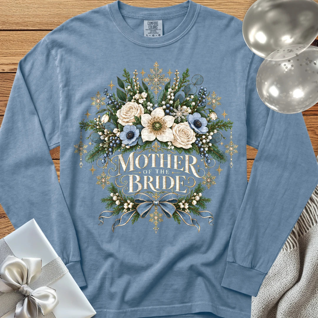 Mother of the Bride - Premium Winter Botanical Wedding Long Sleeve T-Shirt - Blue Jean