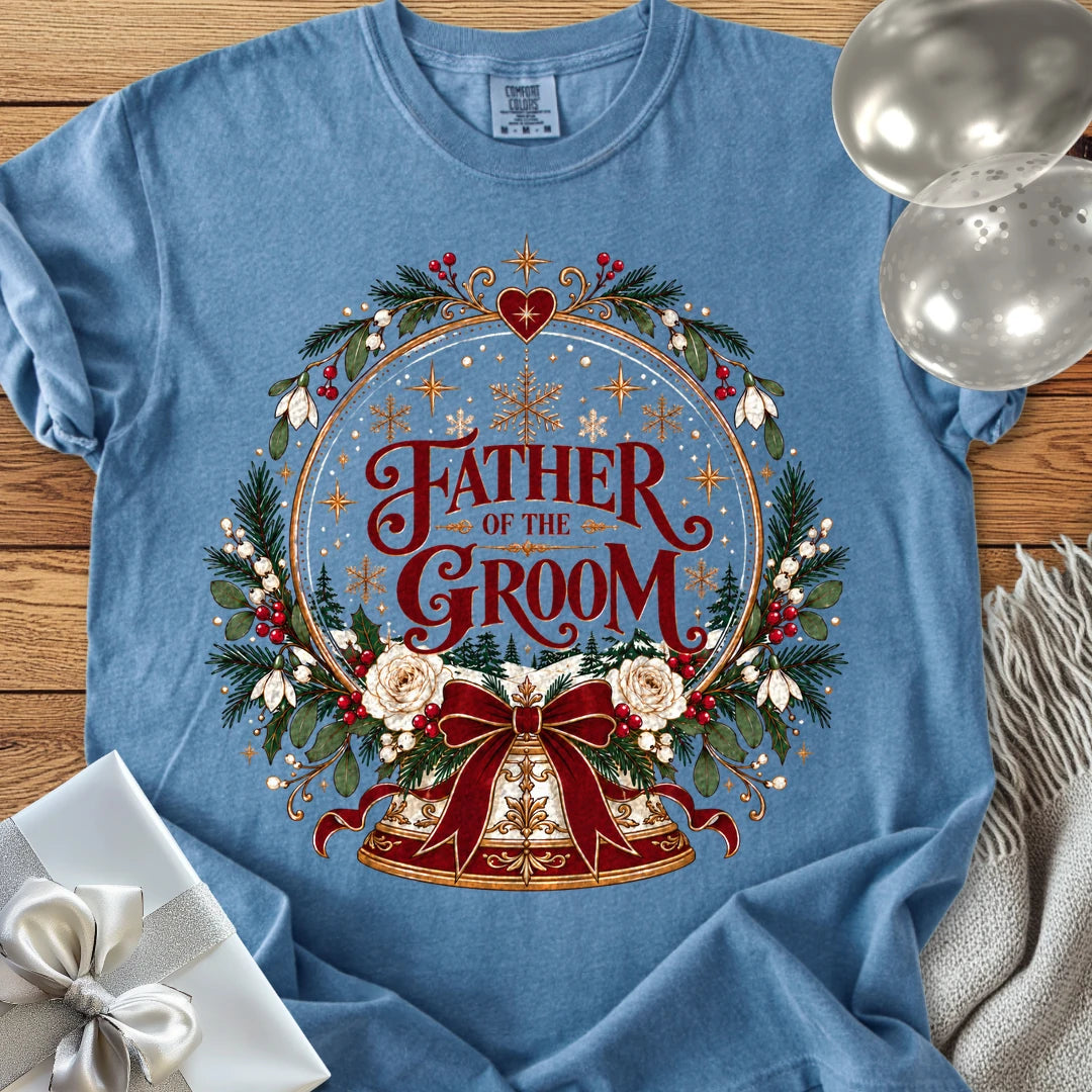 Father of the Groom - Premium Snowglobe Wedding T-Shirt - Blue Jean