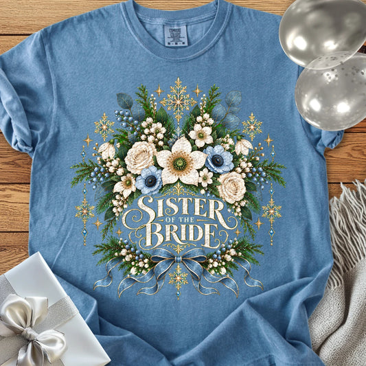 Sister of the Bride - Premium Winter Botanical Wedding T-Shirt - Blue Jean