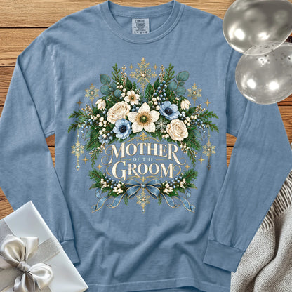 Mother of the Groom - Premium Winter Botanical Wedding Long Sleeve T-Shirt - Blue Jean