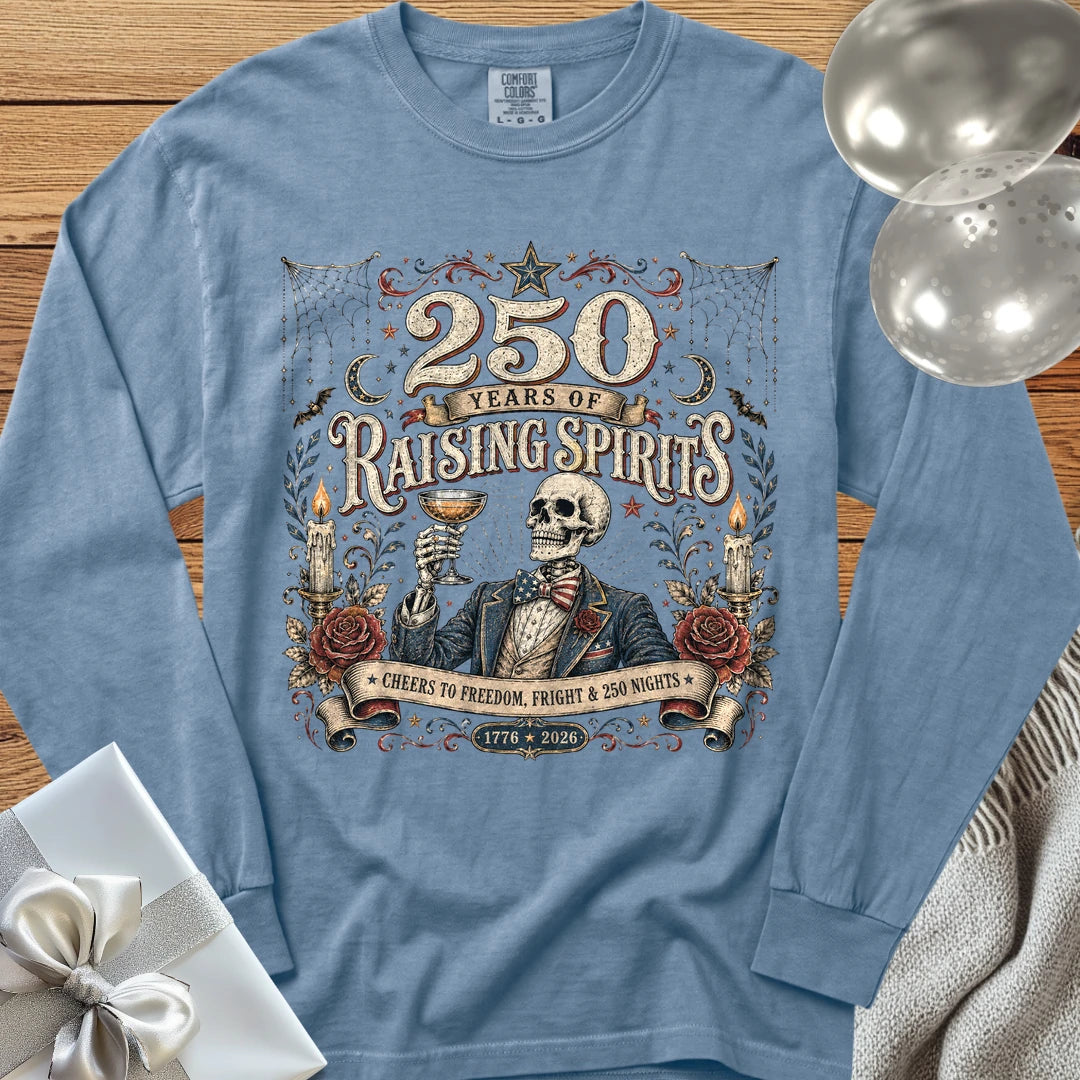 250 Years of Raising Spirits - Premium America 250 Halloween Long Sleeve T-Shirt - Blue Jean