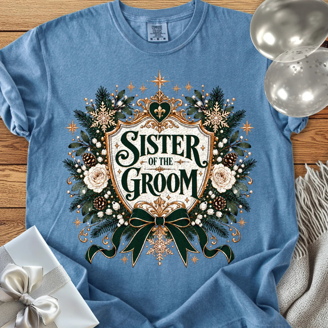 Sister of the Groom - Premium Winter Heirloom Wedding T-Shirt - Blue Jean