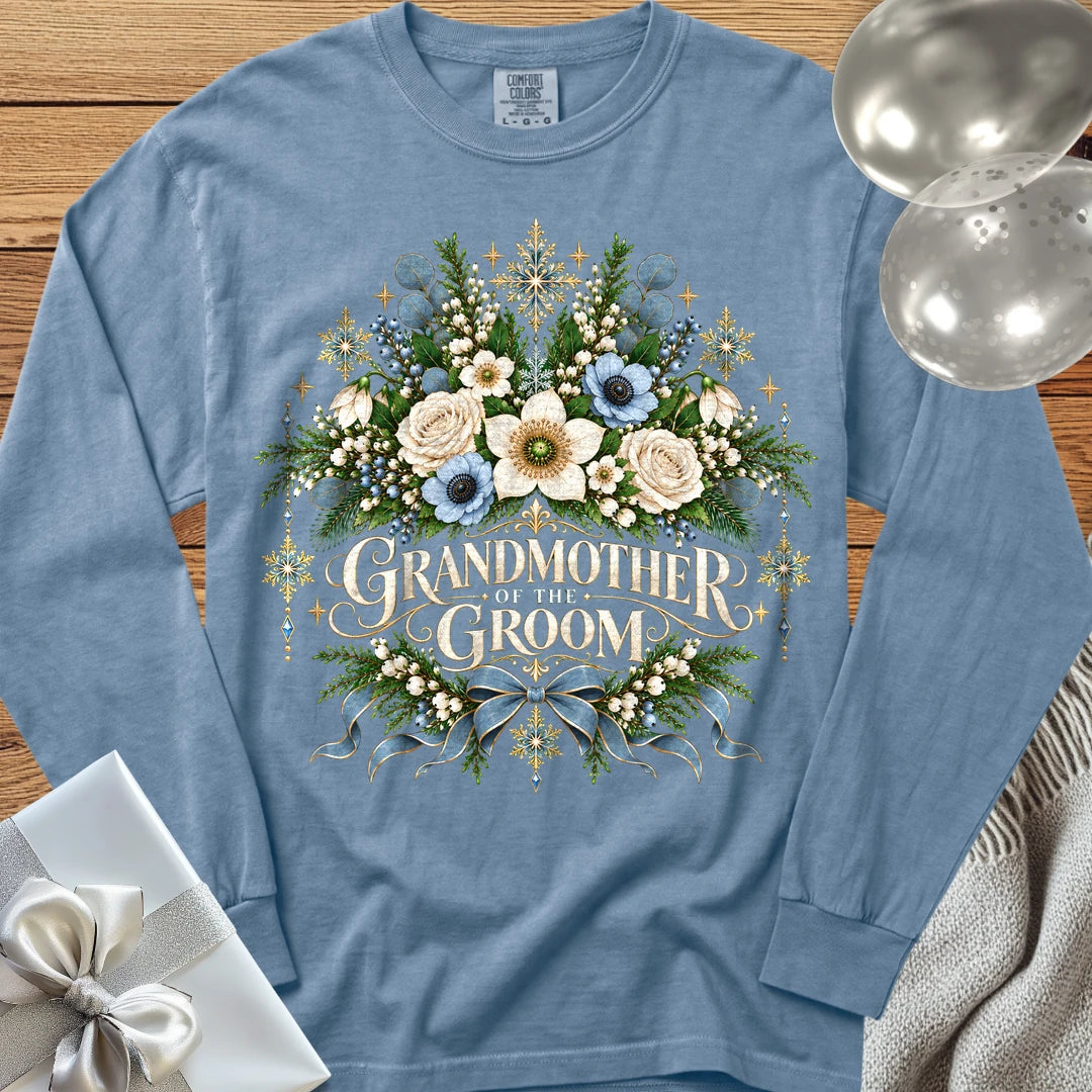 Grandmother of the Groom - Premium Winter Botanical Wedding Long Sleeve T-Shirt - Blue Jean