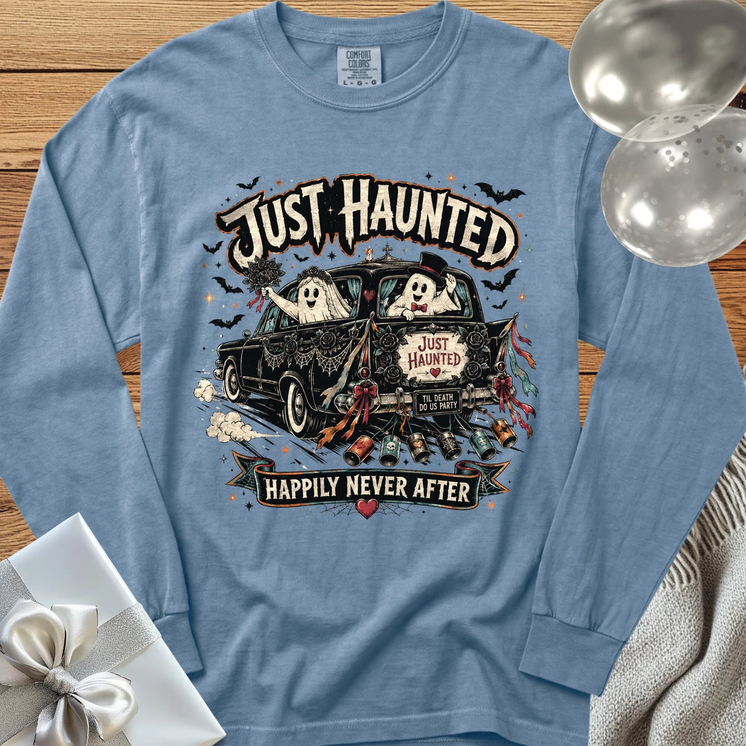 Just Haunted - Happily Never After - Premium Halloween Wedding Long Sleeve T-Shirt - Blue Jean