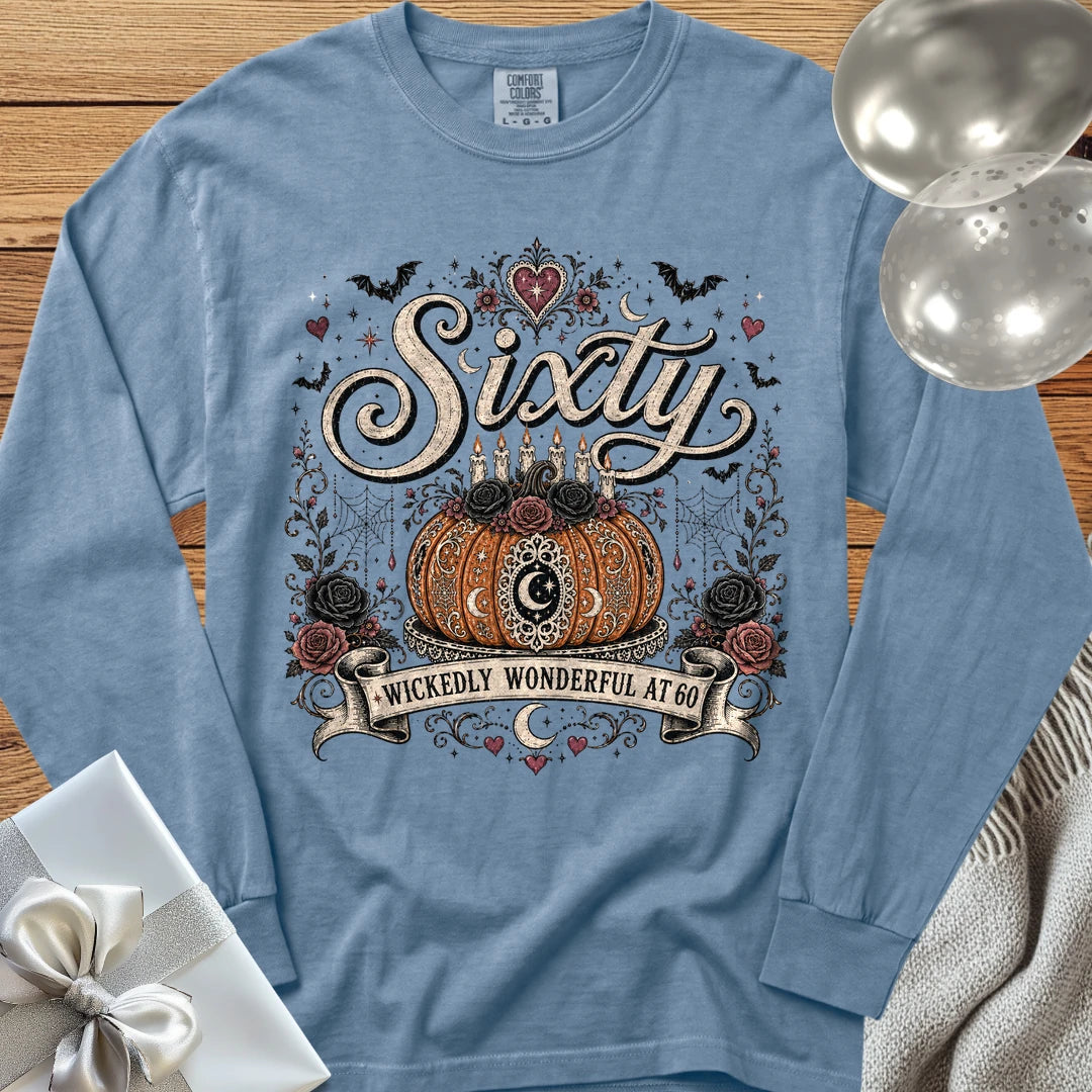 Sixty, Wickedly Wonderful at 60 - Premium Halloween 60th Birthday Long Sleeve T-Shirt - Blue Jean
