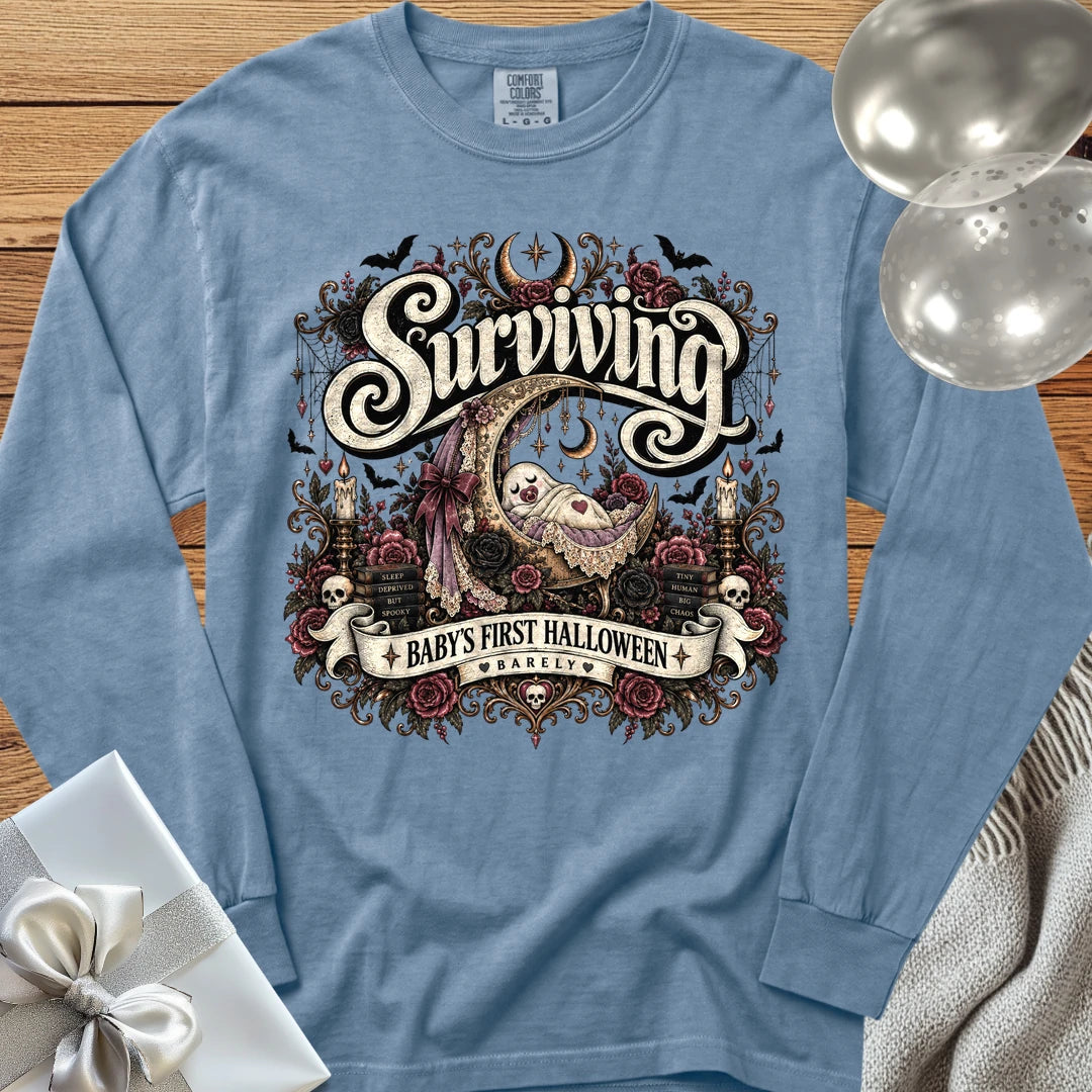 Surviving Baby's First Halloween, Barely - Premium Halloween New Parent Long Sleeve T-Shirt - Blue Jean