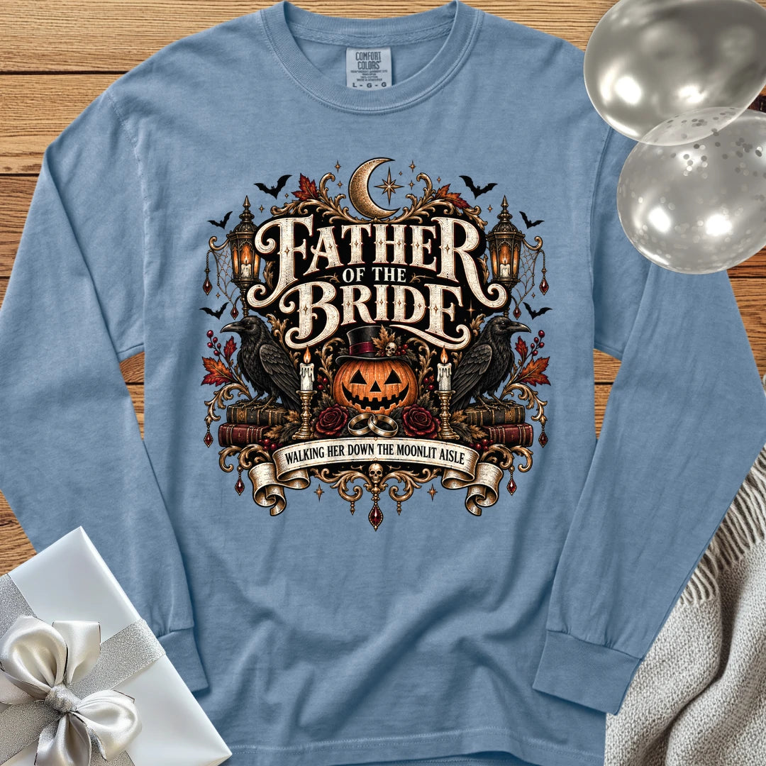 Father of the Bride, Walking Her Down the Moonlit Aisle - Premium Halloween Long Sleeve T-Shirt - Blue Jean