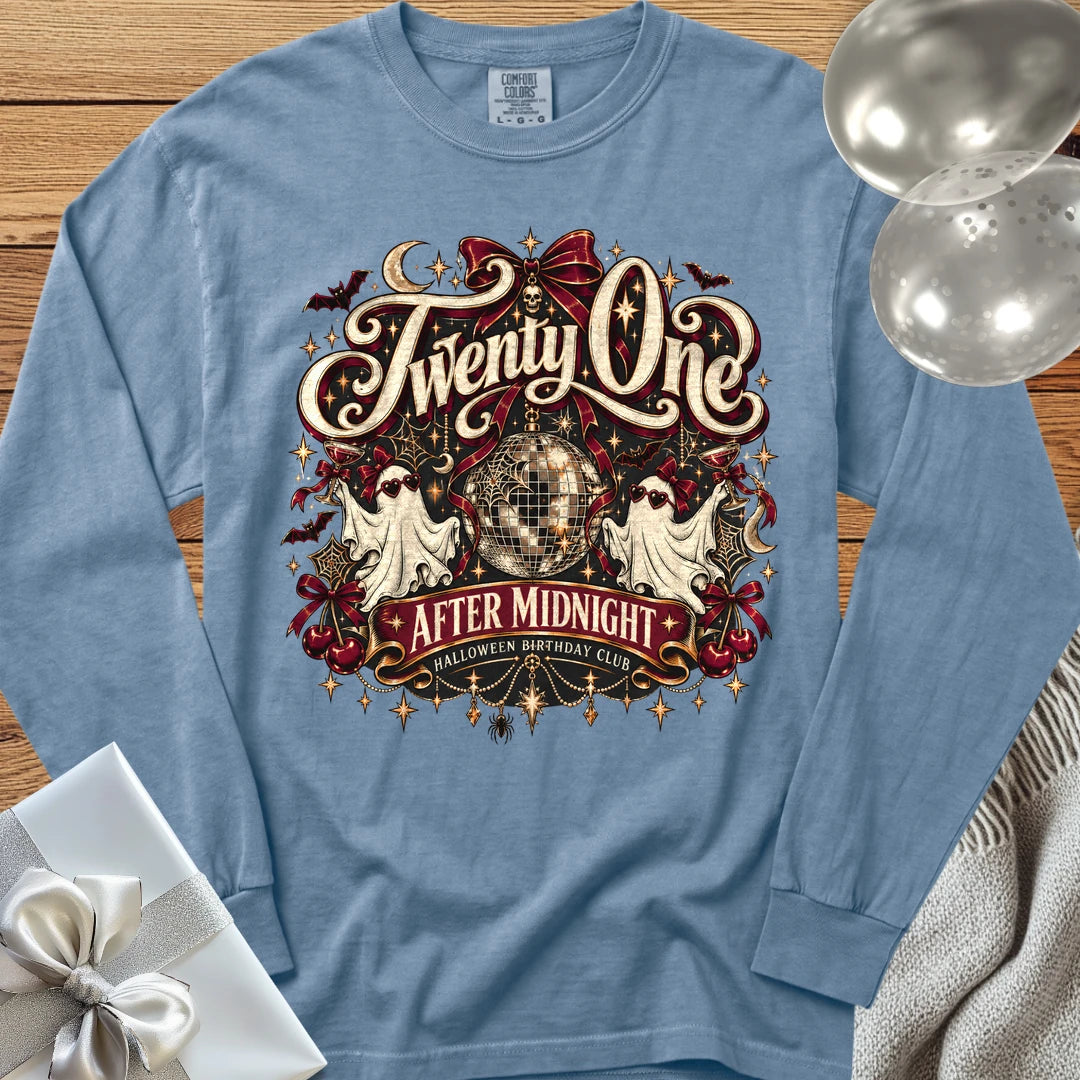 Twenty One After Midnight, Halloween Birthday Club - Premium Halloween 21st Birthday Long Sleeve T-Shirt - Blue Jean
