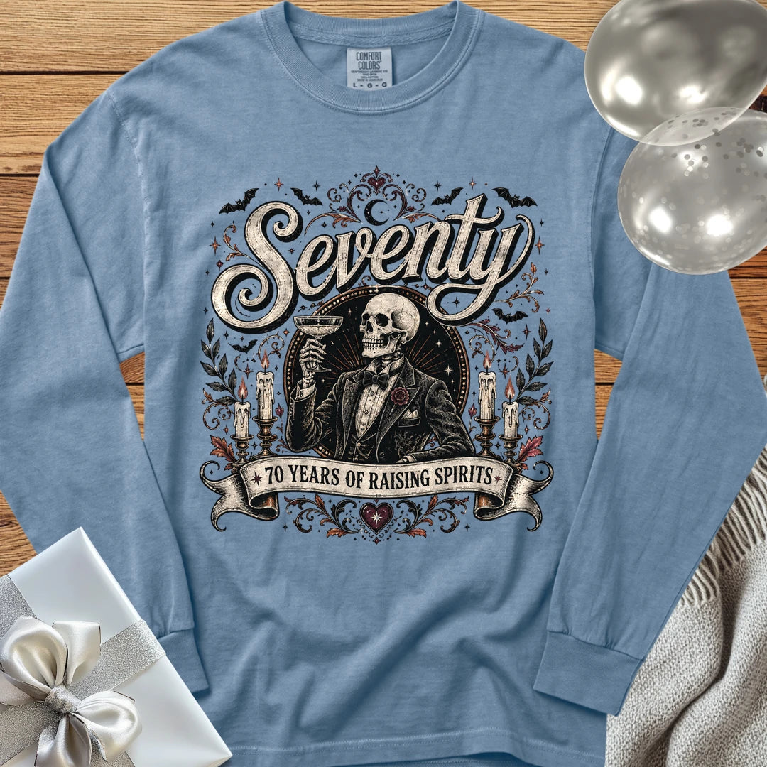Seventy: 70 Years of Raising Spirits - Premium Halloween 70th Birthday Long Sleeve T-Shirt - Blue Jean