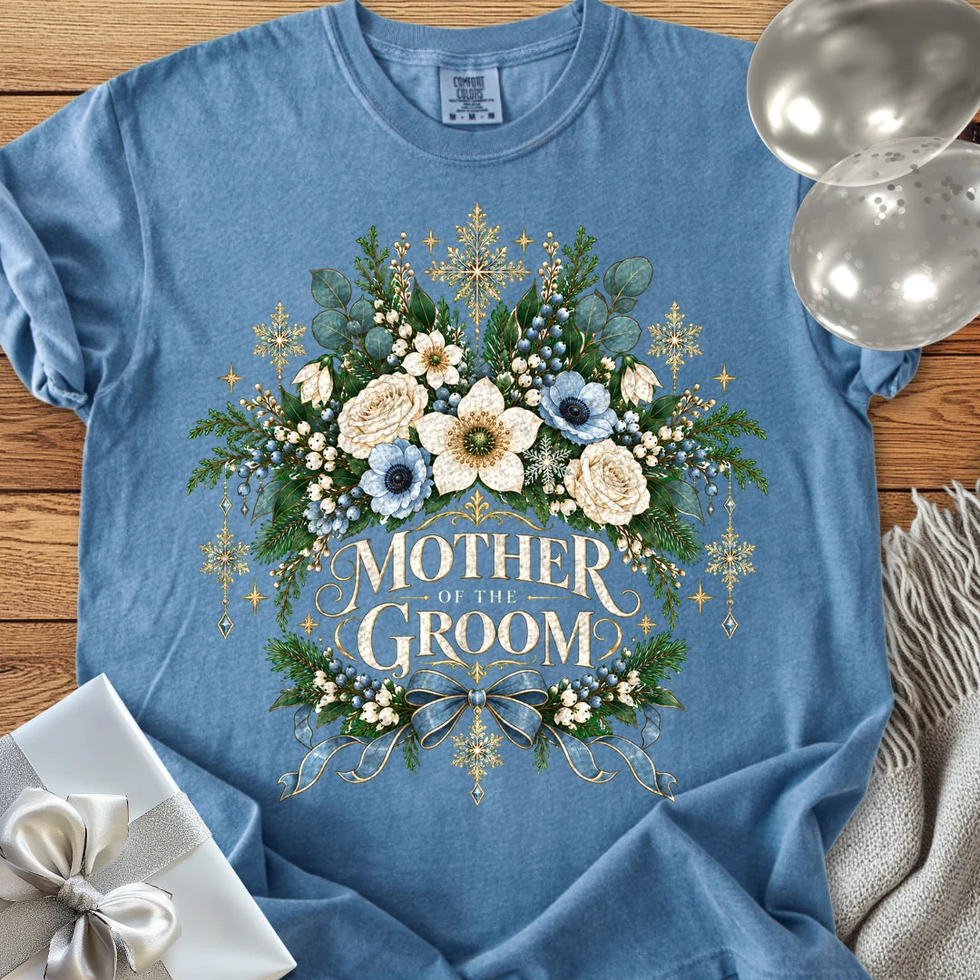 Mother of the Groom - Premium Winter Botanical Wedding T-Shirt - Blue Jean