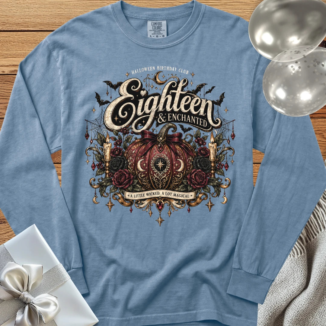 Eighteen & Enchanted - Premium Halloween 18th Birthday Long Sleeve T-Shirt - Blue Jean