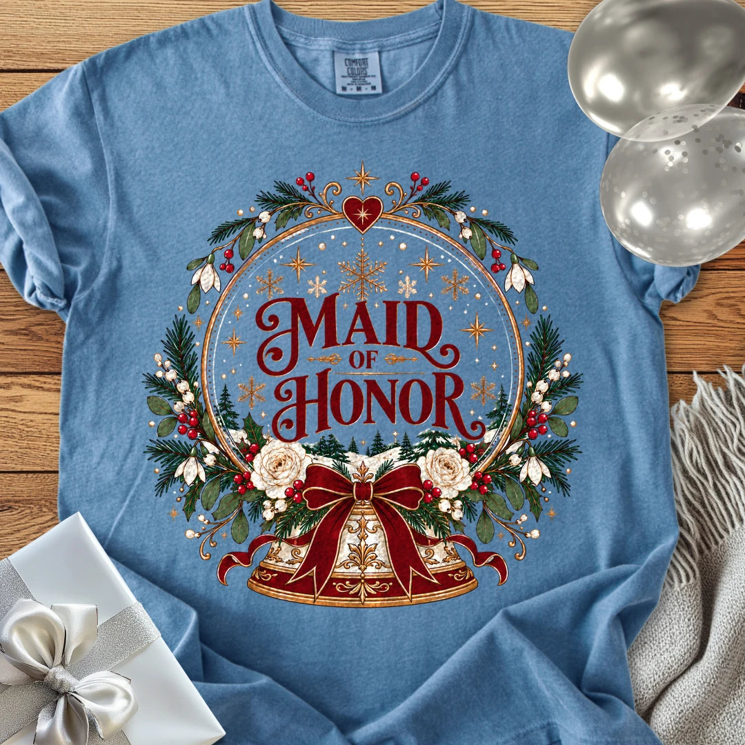 Maid of Honor - Premium Snowglobe Wedding T-Shirt - Blue Jean