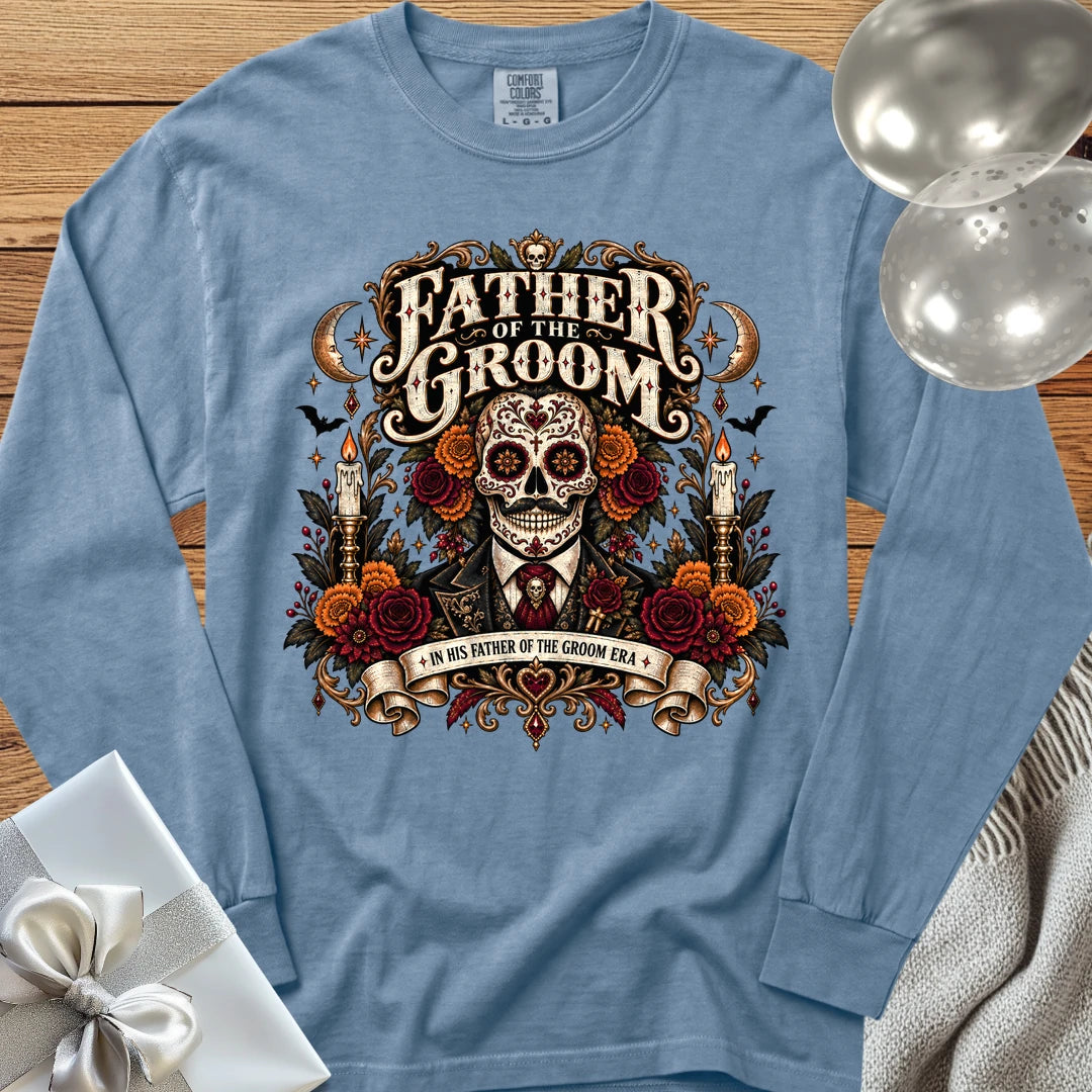 Father of the Groom, In His Father of the Groom Era - Premium Halloween Wedding Long Sleeve T-Shirt - Blue Jean
