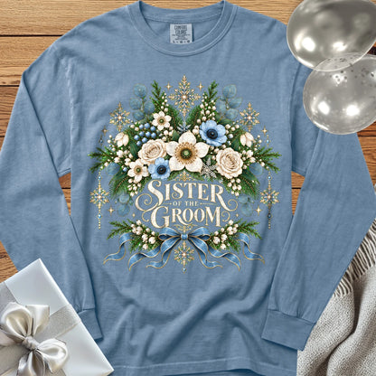 Sister of the Groom - Premium Winter Botanical Wedding Long Sleeve T-Shirt - Blue Jean