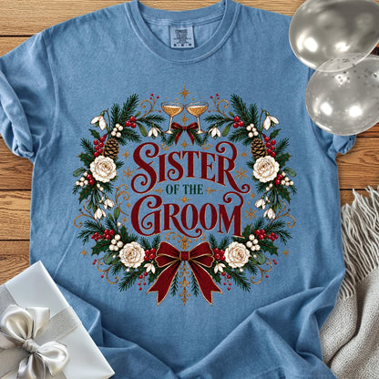 Sister of the Groom - Premium Winter Crest Wedding T-Shirt - Blue Jean