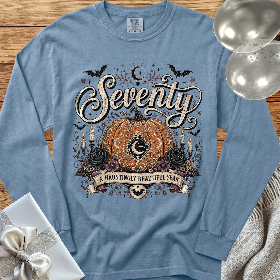 Seventy, A Hauntingly Beautiful Year - Premium Halloween 70th Birthday Long Sleeve T-Shirt - Blue Jean