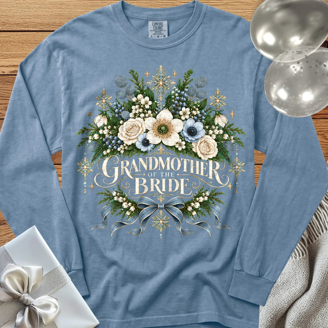 Grandmother of the Bride - Premium Winter Botanical Wedding Long Sleeve T-Shirt - Blue Jean