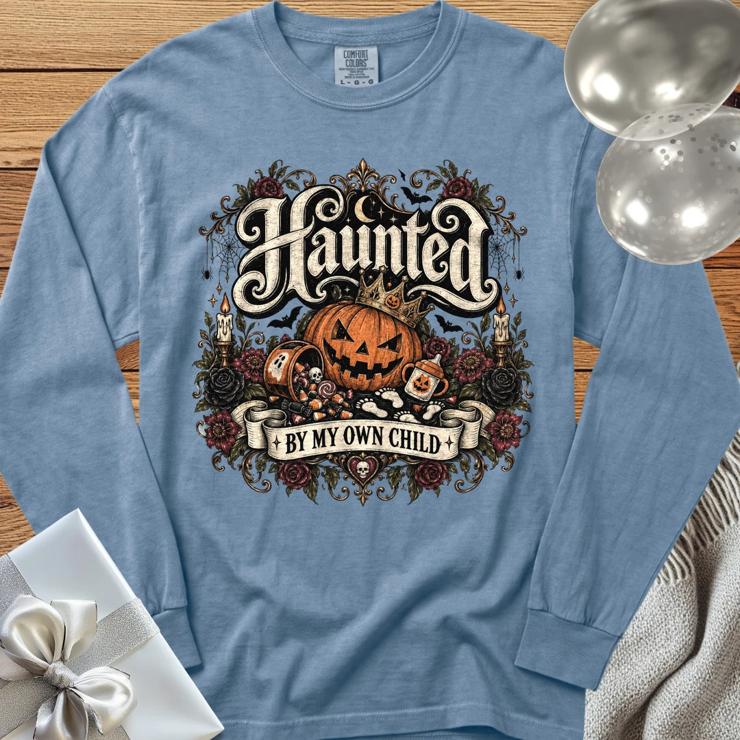 Haunted By My Own Child - Premium Halloween Parenting Long Sleeve T-Shirt - Blue Jean