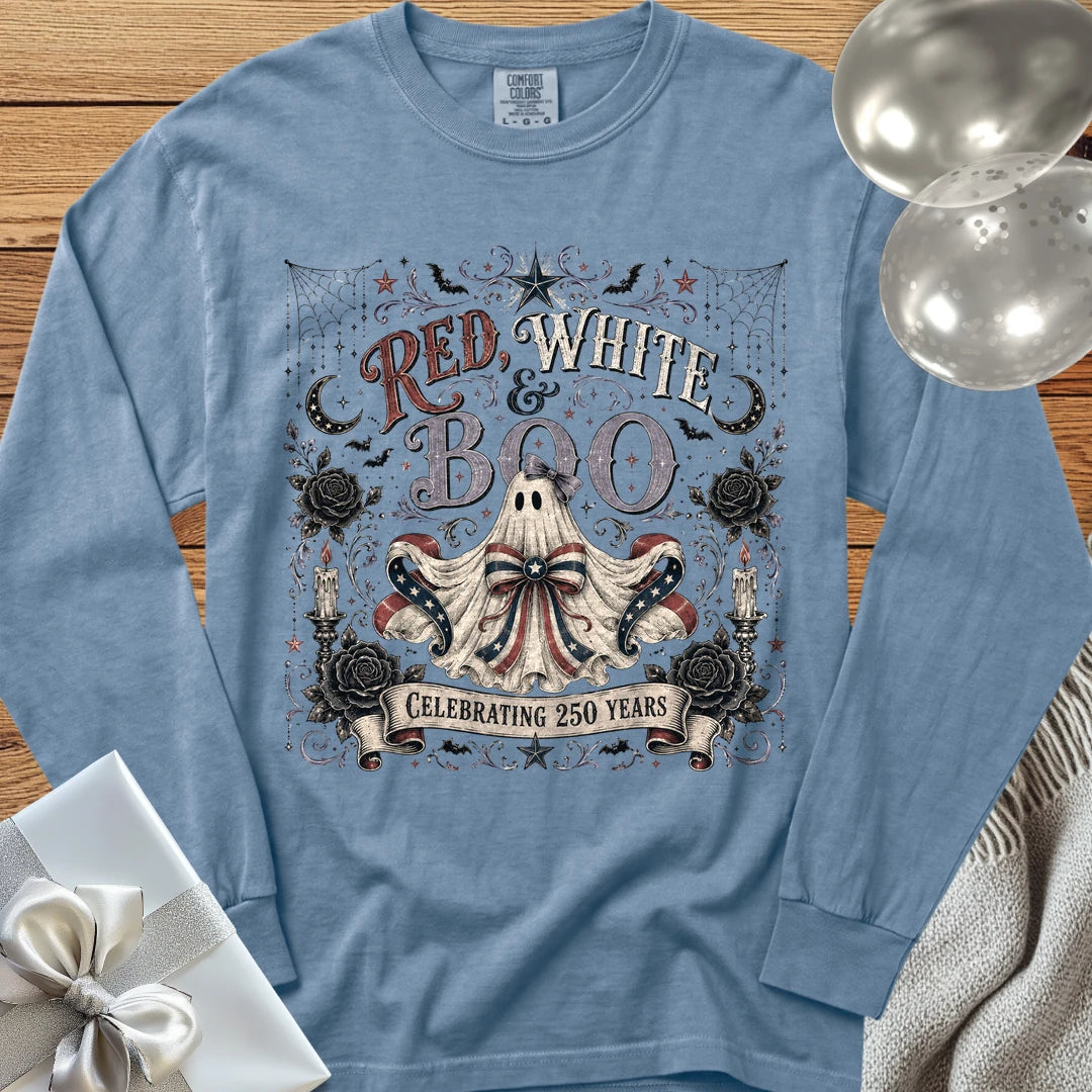 Red, White & Boo - Premium America 250 Halloween Long Sleeve T-Shirt - Blue Jean