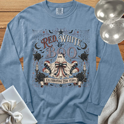 Red, White & Boo - Premium America 250 Halloween Long Sleeve T-Shirt - Blue Jean