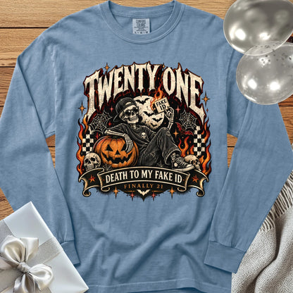Twenty One: Death to My Fake ID - Premium Halloween 21st Birthday Long Sleeve T-Shirt - Blue Jean