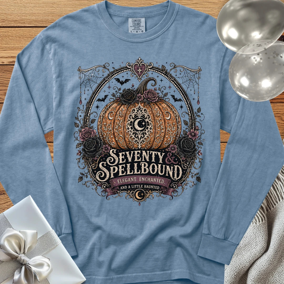 Seventy & Spellbound - Premium Halloween 70th Birthday Long Sleeve T-Shirt - Blue Jean