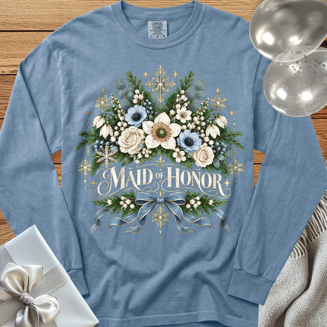 Maid of Honor - Premium Winter Botanical Wedding Long Sleeve T-Shirt - Blue Jean