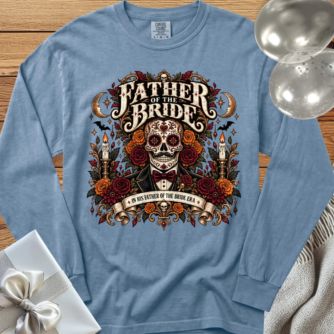 Father of the Bride, In His Father of the Bride Era - Premium Halloween Wedding Long Sleeve T-Shirt - Blue Jean