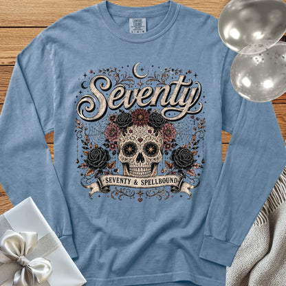 Seventy & Spellbound, Skull Edition - Premium Halloween 70th Birthday Long Sleeve T-Shirt - Blue Jean