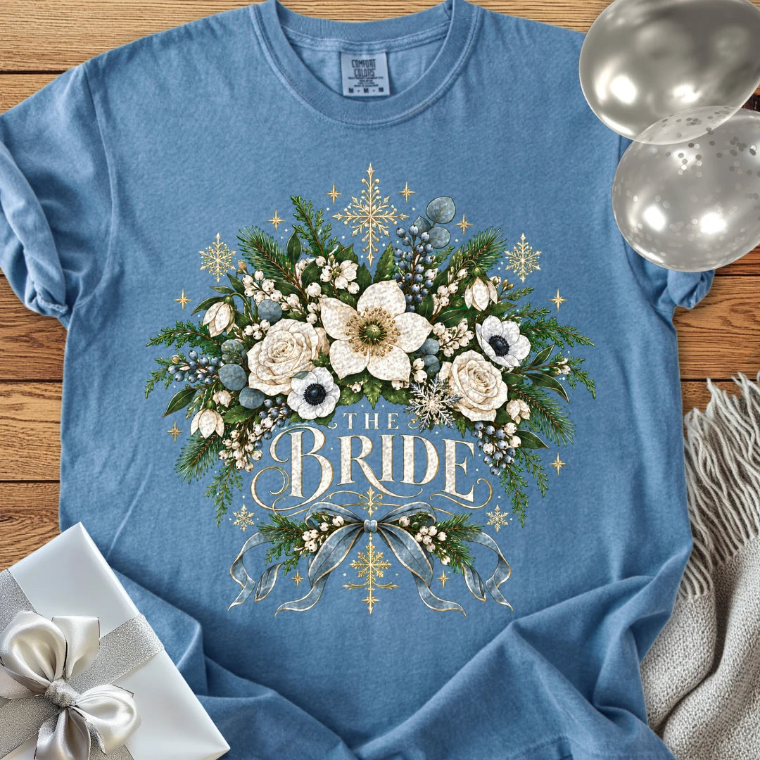 The Bride - Premium Winter Botanical Wedding T-Shirt - Blue Jean