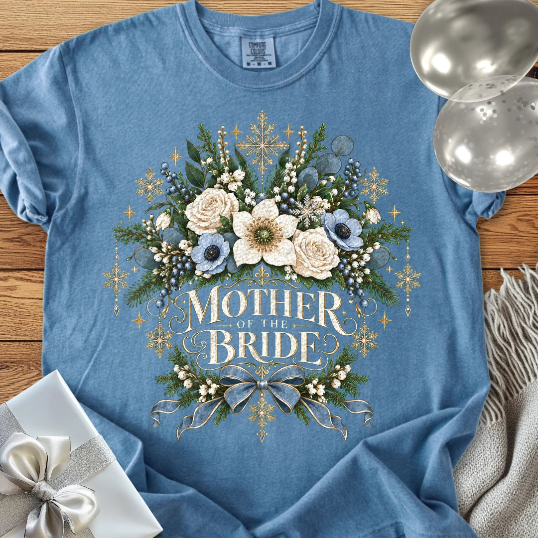 Mother of the Bride - Premium Winter Botanical Wedding T-Shirt - Blue Jean
