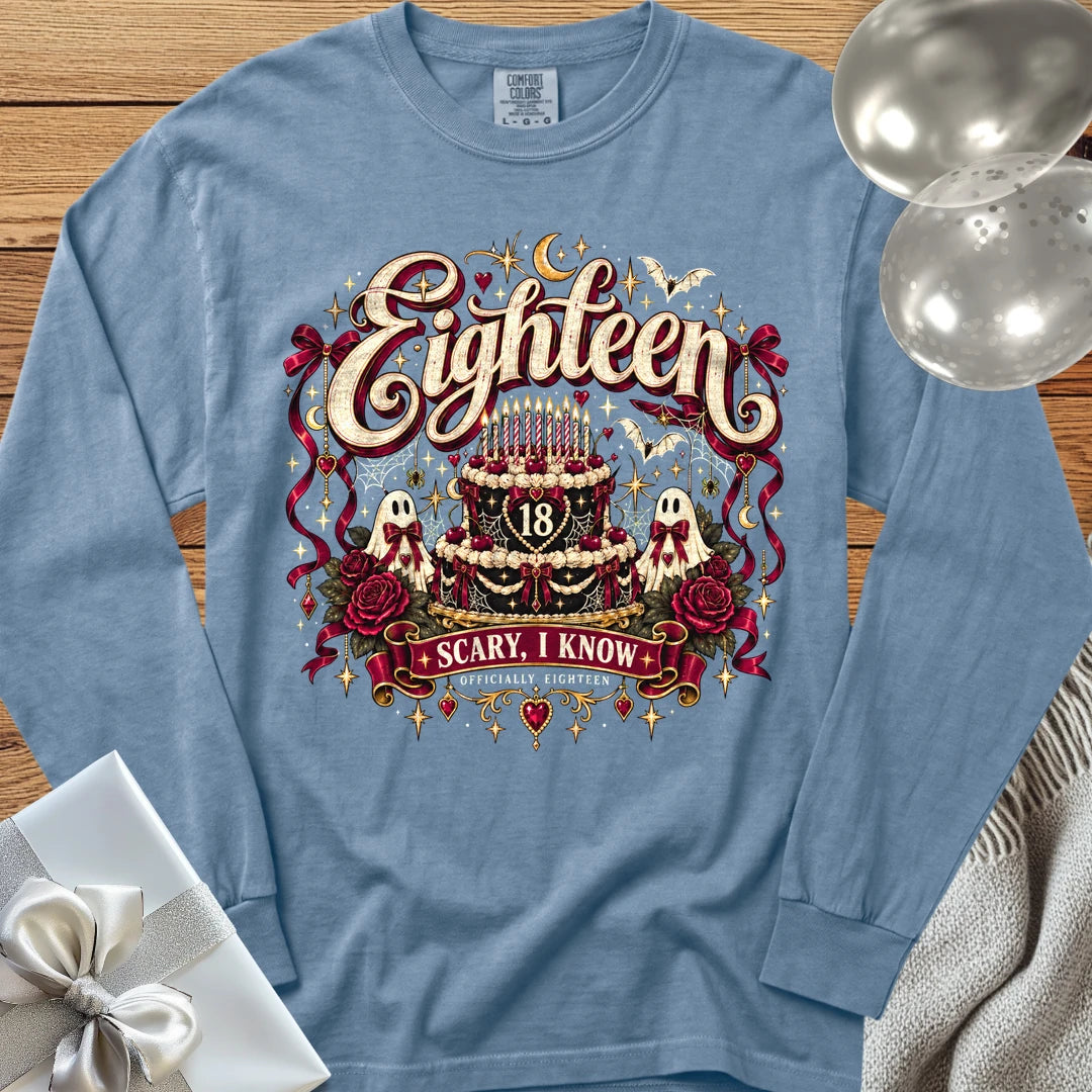 Eighteen - Scary, I Know - Premium Halloween 18th Birthday Long Sleeve T-Shirt - Blue Jean