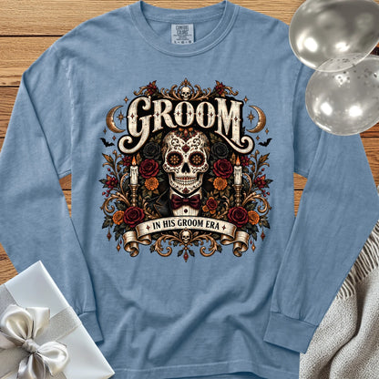 Groom, In His Groom Era - Premium Halloween Wedding Long Sleeve T-Shirt - Blue Jean
