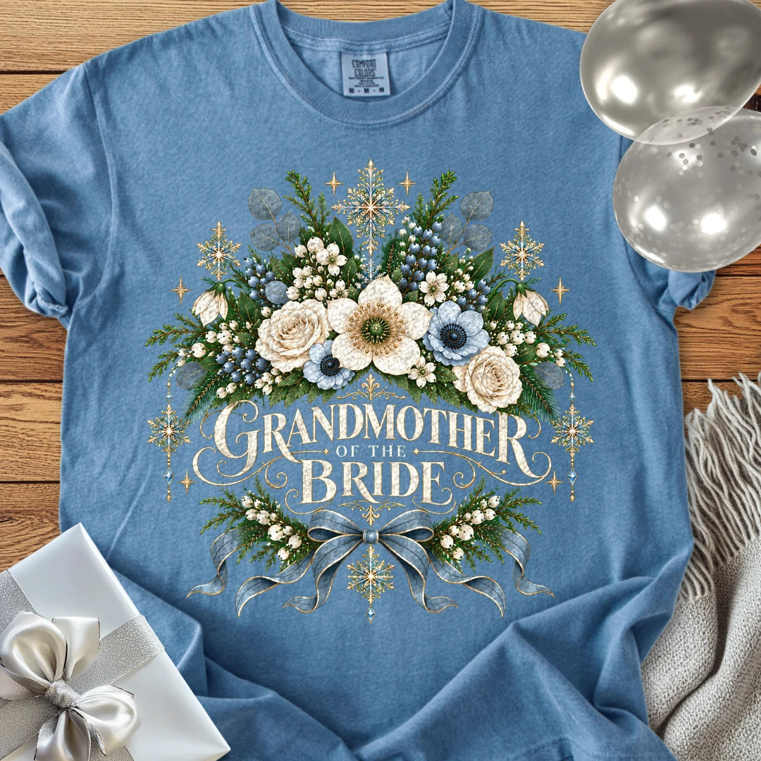 Grandmother of the Bride - Premium Winter Botanical Wedding T-Shirt - Blue Jean
