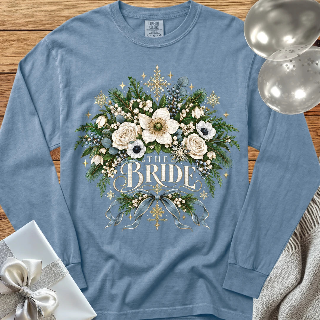 The Bride - Premium Winter Botanical Wedding Long Sleeve T-Shirt - Blue Jean