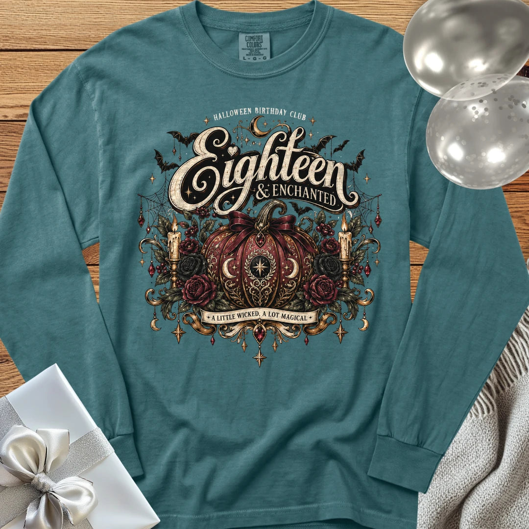 Eighteen & Enchanted - Premium Halloween 18th Birthday Long Sleeve T-Shirt - Blue Spruce